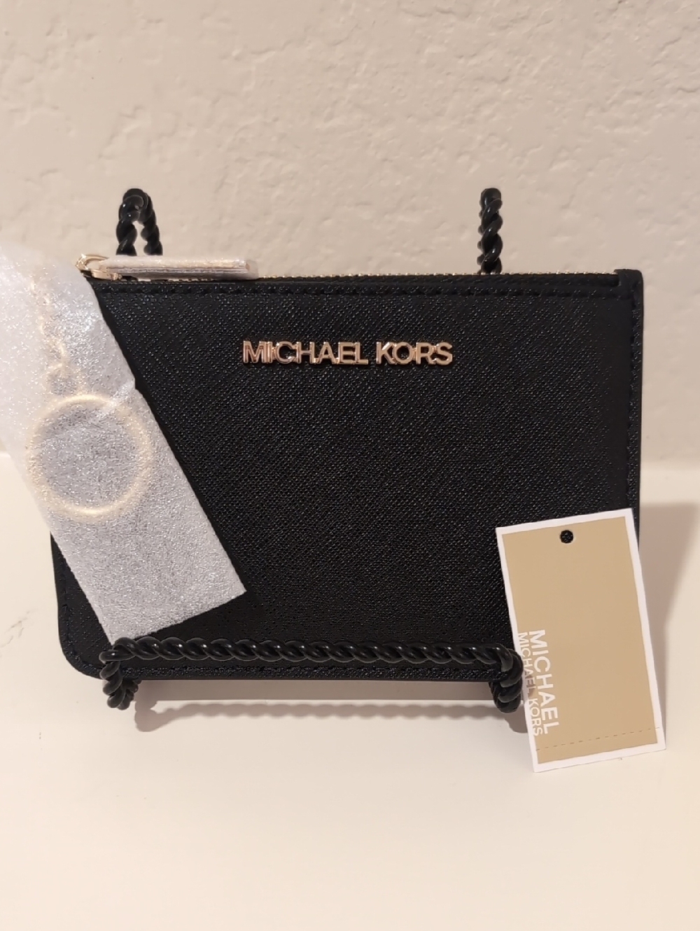 NWT Jet Set Travel Small Saffiano Top Zip Leather Coin Pouch Black